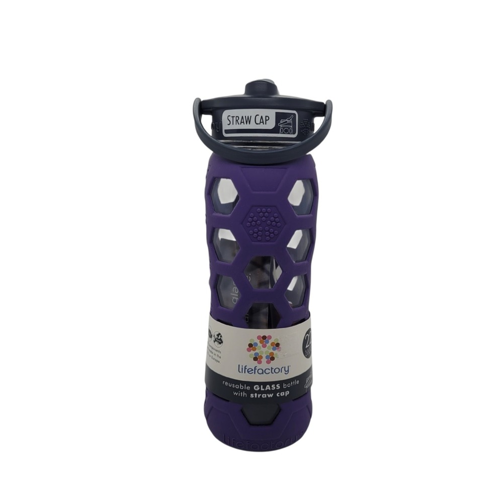 Lifefactory 22oz Glass Water Bottle Royal Purple Hex Silicone Sleeve Straw Cap